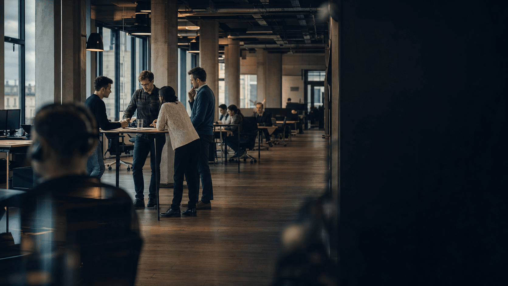 Software and service colleagues work together across a long campus studio
