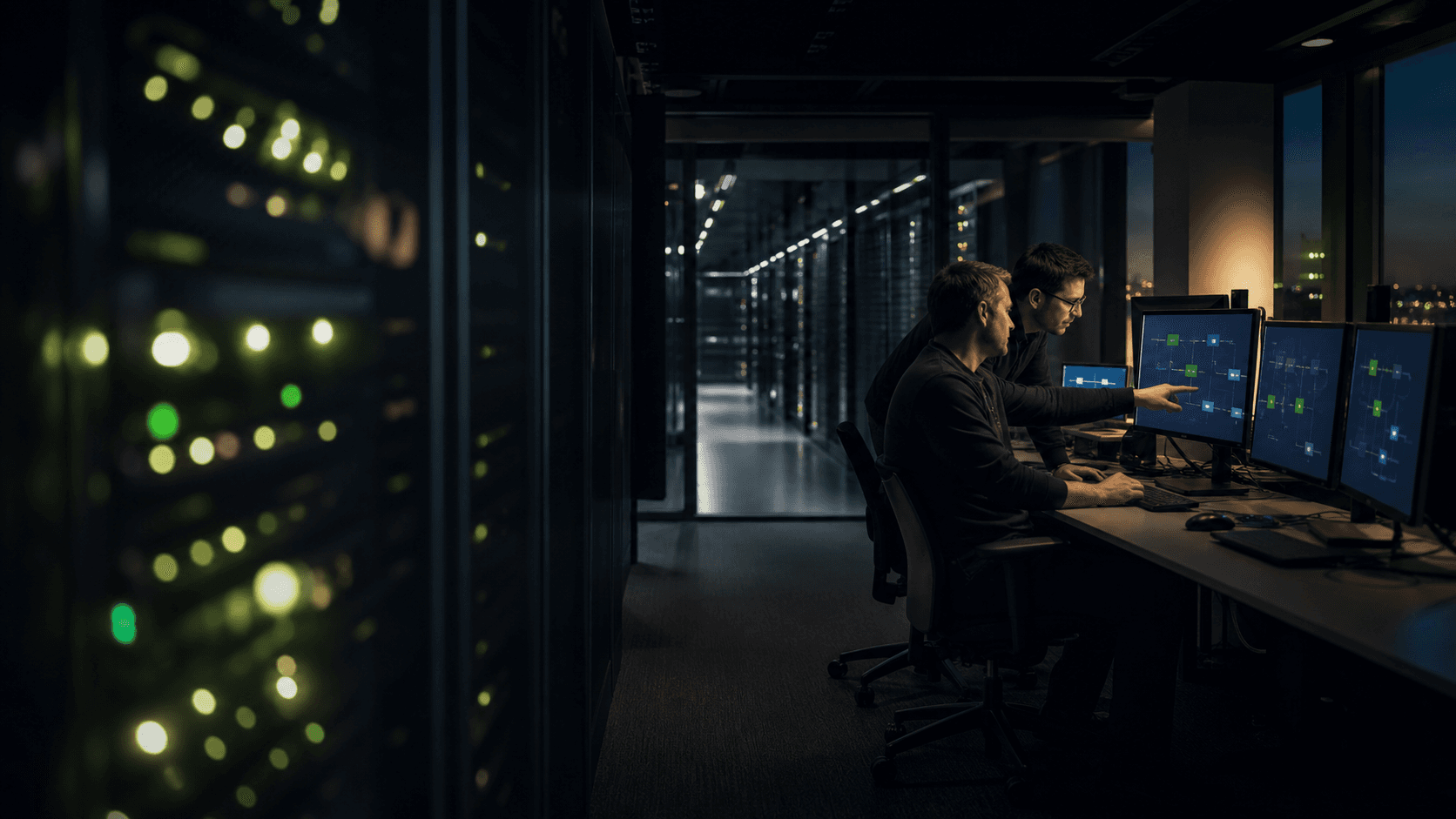 Engineers review a careful systems migration beside a server corridor
