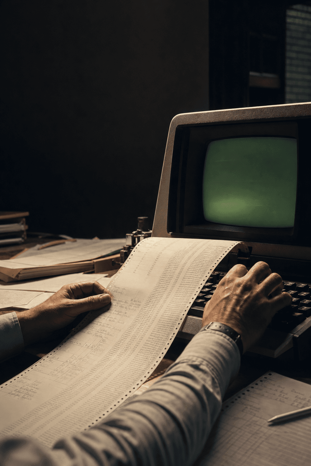 Continuous stationery and a period terminal in an early software office