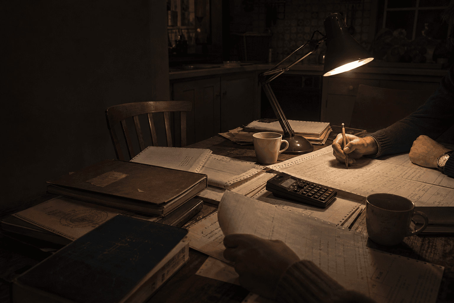 Hands working over calculations and continuous stationery on a kitchen table under a desk lamp